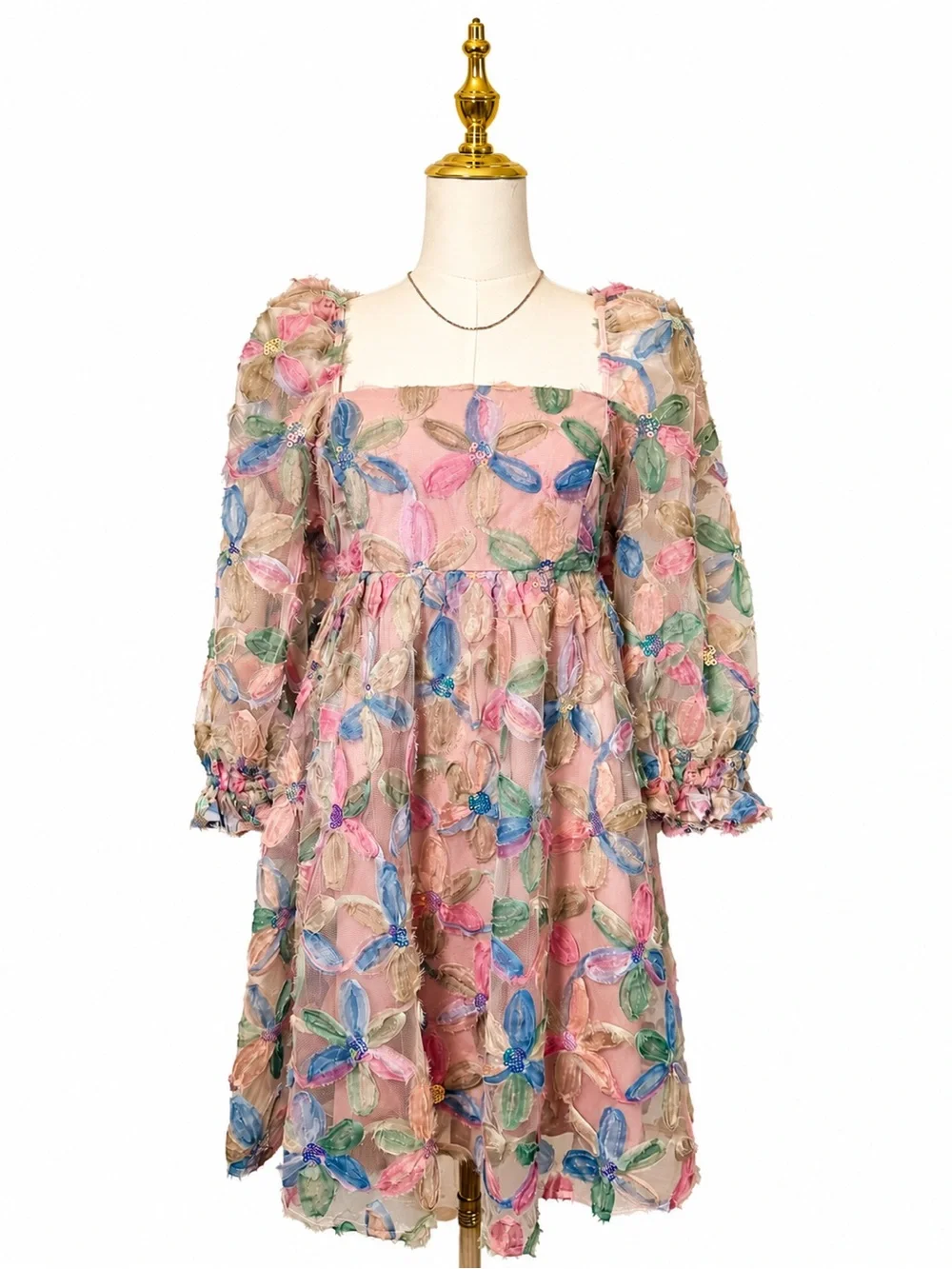 Storia Pastel Mesh Floral Puff-Sleeve Mini Dress